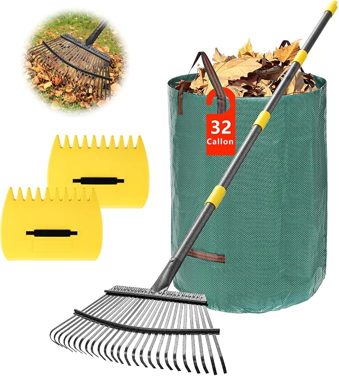 25-Tine Metal Leaf Rake Set with Adjustable Handle, 32-Gallon Bag & Leaf Scoops for Effortless Yard Cleanup, Heavy Duty Sturdy Garden Rake for Lawns, Backyard, Fall & Spring Cleaning 6FT
