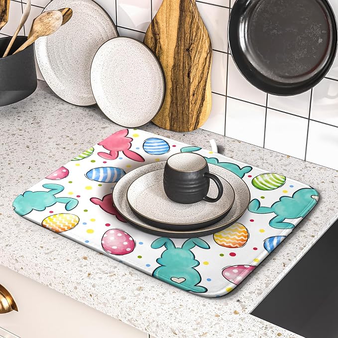 Easter Dish Drying Mat for Kitchen Counter Colorful Bunny Holiday Microfiber Absorbent Dish Draining Reusable Washable Foldable 16"x18"