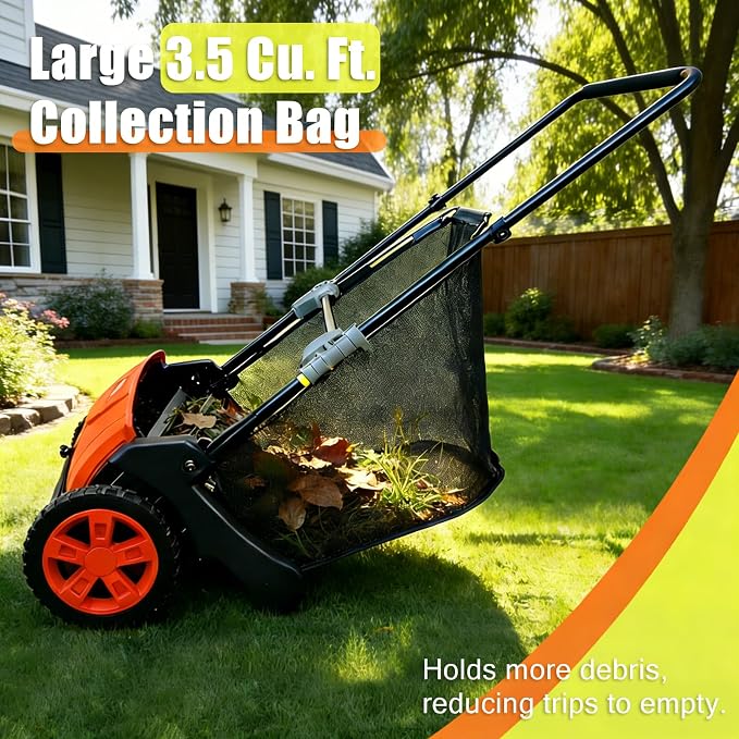Manual Push Lawn Sweeper 21-Inch, Yard Leaf & Debris Collector with 3.5 Cu. Ft. Collection Bag, Adjustable Brush Height for Lawns & Driveways, Foldable Storage Design | 3.5 Cu. Ft. Hopper Bag, Height-Adjustable Brushes, Space-Saving Foldable Design, La...