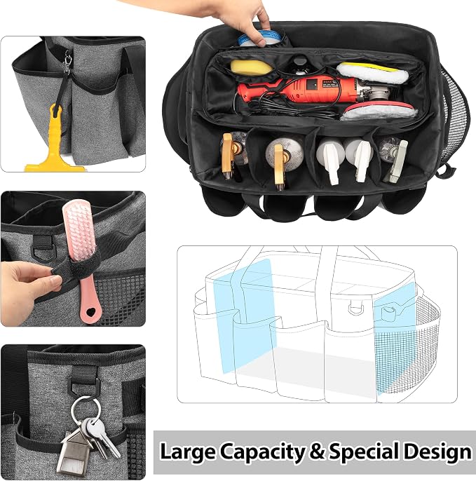 HODRANT Detailing Bag with Polisher Carry Bag for Buffer Bottle Towel | Large Detail Care Box for Auto Detailing Supplies, Car Wash Caddy & Trunk Organizer for Cleaning Kit, Gray, Patent Design