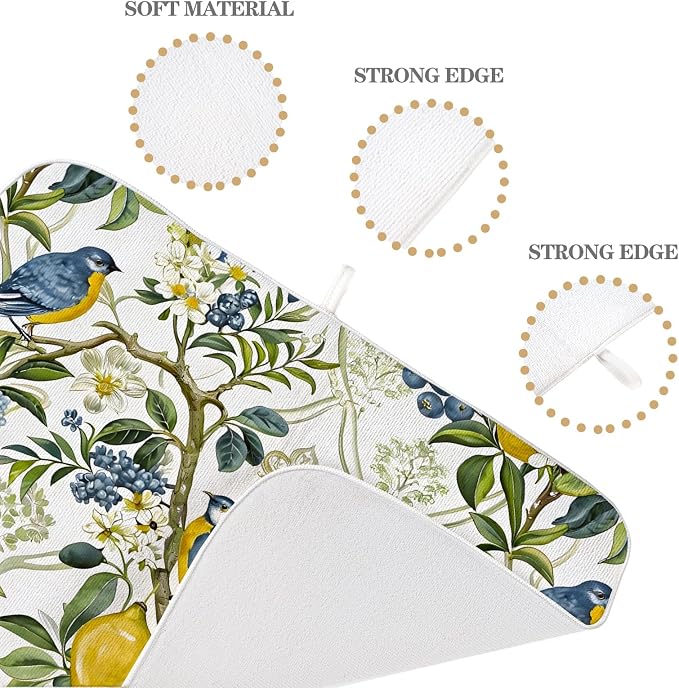 Sage Green Blue Bird Floral Dish Drying Mats 18x24 Inch Vintage Botanical Yellow Lemon Flower Decorative Kitchen Decor Absorbent Drying Pad Rack Drainer Mats for Kitchen Dining Room Counter