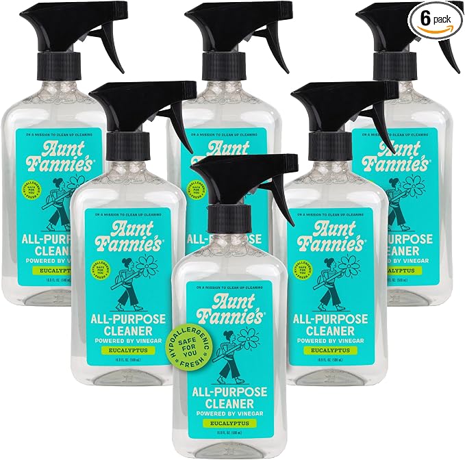 Aunt Fannie's All Purpose Vinegar Cleaner Spray, Eucalyptus, Pack of 6 | Cuts Grease & Grime, No Harsh Residue, Safe for Kitchens Bathrooms Windows Counters & Sealed Areas, Kid and Pet Safe