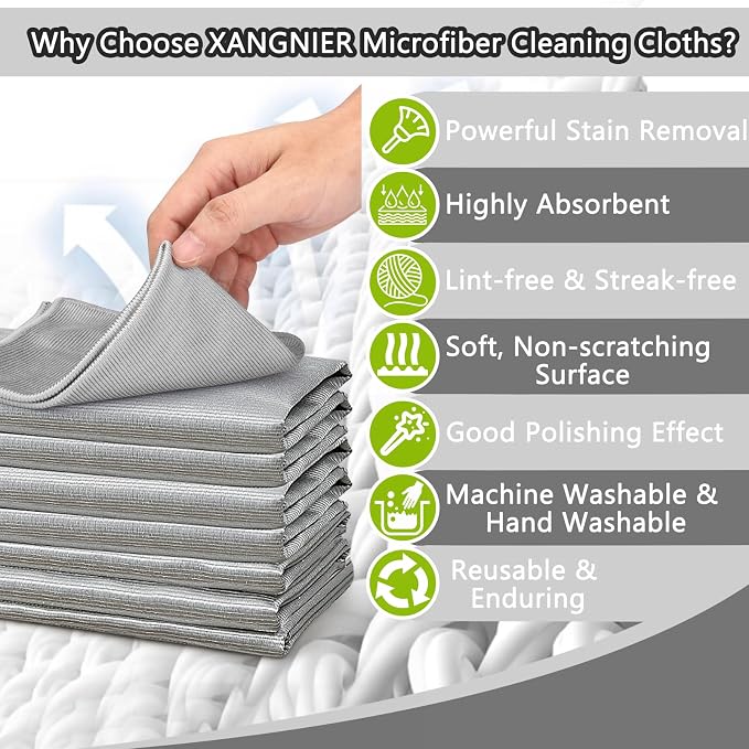 XANGNIER Microfiber Glass Cleaning Cloths,8 Pack Streak Free Miracle Cleaning Cloth,Reusable Lint Free Cleaner Towels for Kitchen,Windows,Mirror,Glasses,Car Windshields,Stainless Steel,11.8"×11.8"
