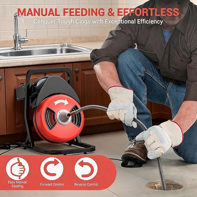 50FTx1/2 Inch Drain Cleaner Machine with Wheels, Sewer Snake Drain for 2" to 4" Pipes, Plumbing Snake Auger Cleaner with 6 Cutter & Foot Switch for Sewer, Sink, Toilet, Bathroom