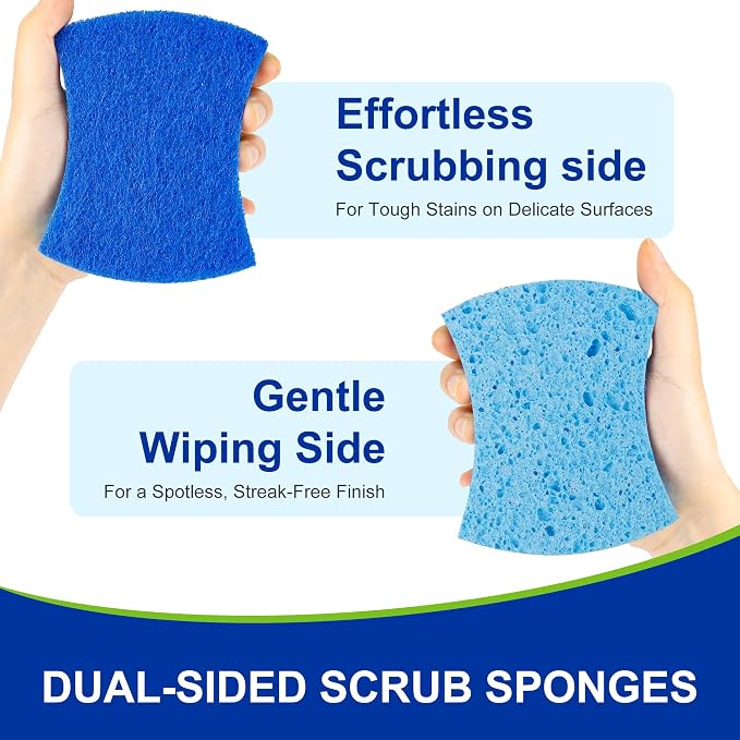 LILAC Non Scratch Sponges, 12 Count, Natural Cellulose Scrub Sponge for Dishes, Non Stick Cookware, Kitchen, Bathroom, Household (Blue)
