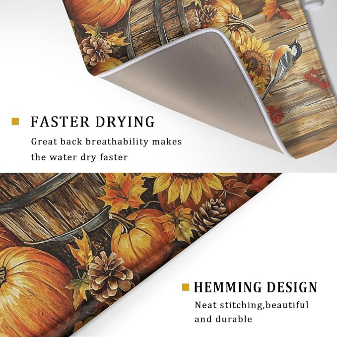 Fall Dish Drying Mat for Kitchen Counter Autumn Pumpkin Harvest Thanksgiving Microfiber Absorbent Dish Draining Reusable Washable Foldable Extra Large 18"x24"