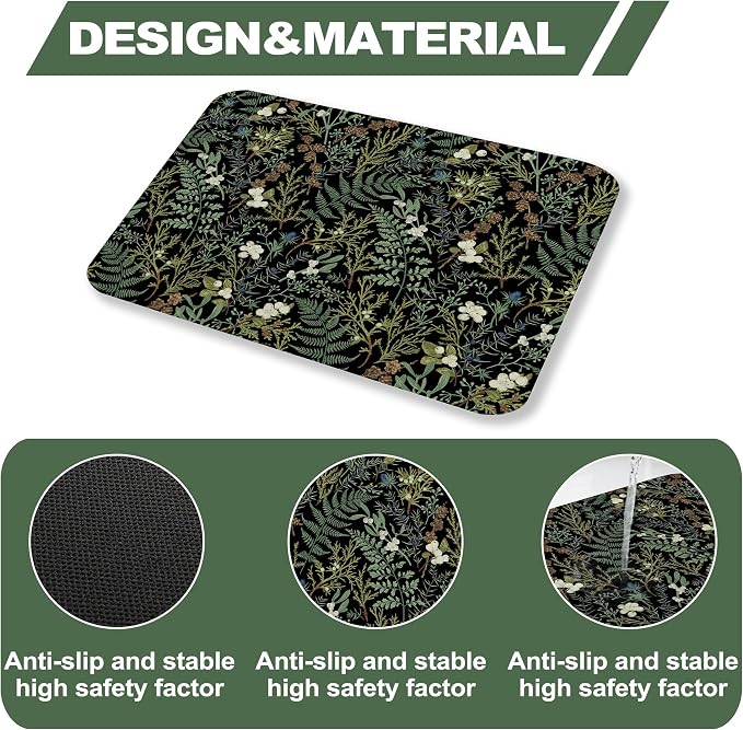 Black Sage Green Plant Dish Drying Mat, Summer Botanical Absorbent Microfiber Pad, Reversible Kitchen Counter Sink Mat for Home Decor