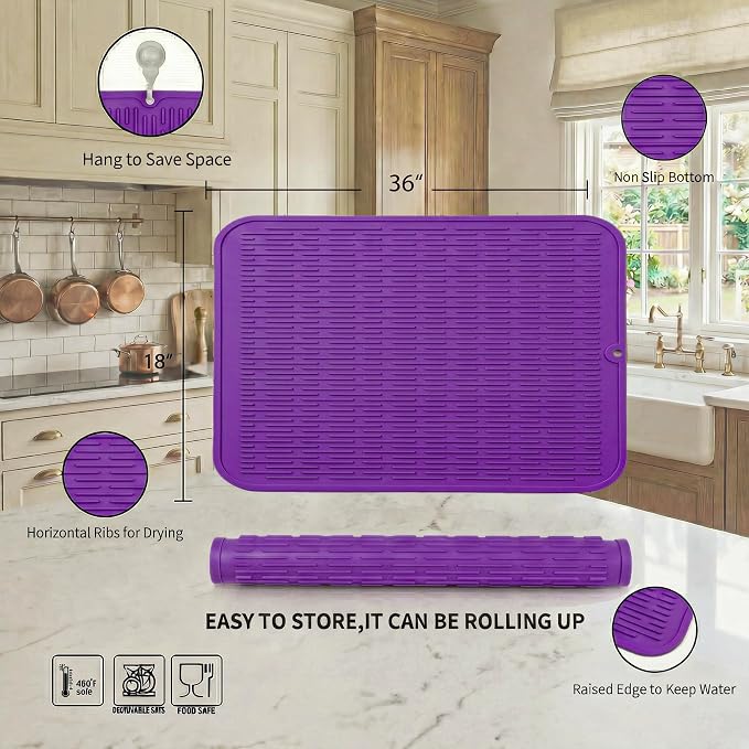 MicoYang Silicone Dish Drying Mat for Multiple Usage,Easy clean,Eco-friendly,Heat-resistant Silicone Mat for Kitchen Counter or Sink,Refrigerator or Drawer Liner Purple 5XL 36inches x 18inches