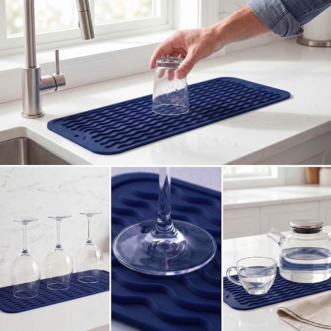 MicoYang Silicone Dish Drying Mat for Multiple Usage,Easy clean,Eco-friendly,Heat-resistant Silicone Mat for Kitchen Counter,Sink,Bar,Bottle,or Cup Navy Blue M 17 inches x 6 inches