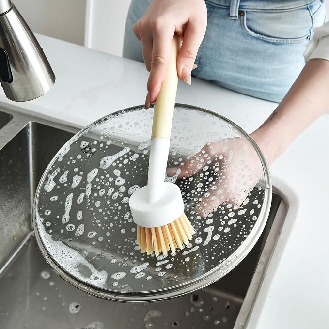 ALINK Dish Brush with Handle and 3 Replacement Heads, Pot and Pan Cleaning Scrub Brush for Kitchen, Sink, Stove, Cast Iron Scrubber
