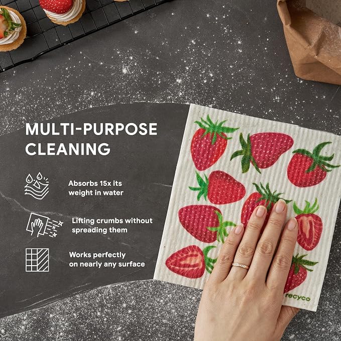 RECYCO Swedish Dishcloths for Kitchen | 5 Pack Fruit Grove Washable Dish Rags | Cellulose Reusable Cleaning Paper Towels | Absorbent Counter Dish Cloth Sponge Kitchen Wipes, 8" L x 7" W