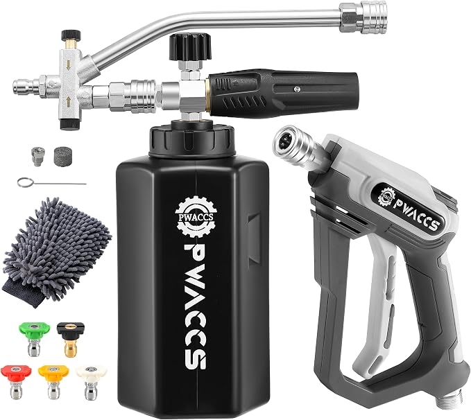 PWACCS Pressure Washer Foam Gun with Dual Connector, 1.5 Liter | Short Power Washer Gun Foam Cannon, Double Tip Attachment Car Wash Kit, 1/4" Quick Connector, M22 Male Inlet, 4000 PSI