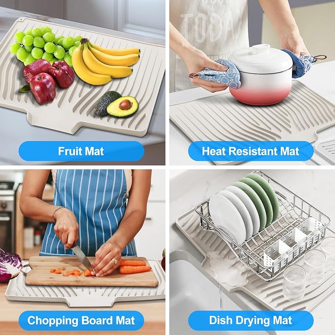 Silicone Dish Drying Mat for Kitchen Countertops and Sinks,19 x13.7 Inch Non Slip Heat Resistant Mat with Built In Drainage System,For Refrigerator and Drawer Liners (Creamy-white, 19 x13.7 Inch)