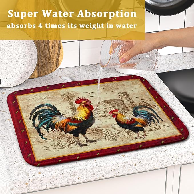 Farm Rooster Dish Drying Mat for Countertop 16x18 Inches Red Rustic Chicken Absorbent Microfiber Dry Dishes Pads Kitchen Counter Accessories