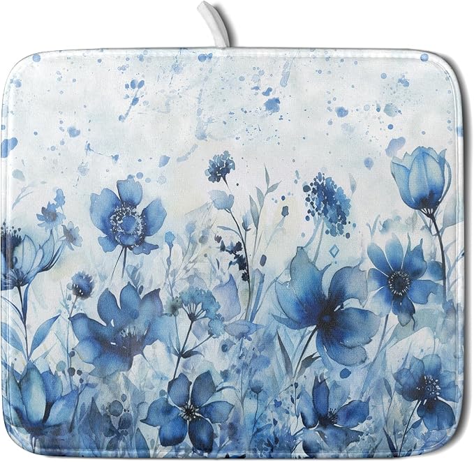 Giwawa Blue Floral Dish Drying Mat for Kitchen Counter Watercolor Leaves Dishes Drainer Rack Mat Absorbent Microfiber Dish Draining Pad 16x18 Inch