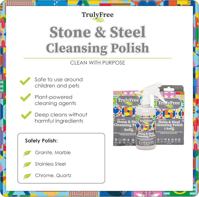 Truly Free Stone & Steel Cleansing Polish Starter Kit - Quartz, Marble, Granite, Stone Countertop, Oven, Stainless Steel Cleaner - 12oz Empty Bottle, 1 Concentrated Fill (3oz)-No Harmful Ingredients