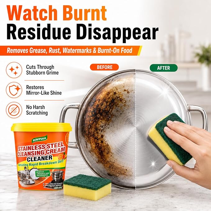 STAINLESS STEEL CLEANER & POLISH - Heavy Duty Cleaning Paste for Stove, Oven, Pans, Cookware, Sink | All Purpose Multi-Purpose Household Cleaner | Removes Grease & Stains | with 2 Sponges (500g)