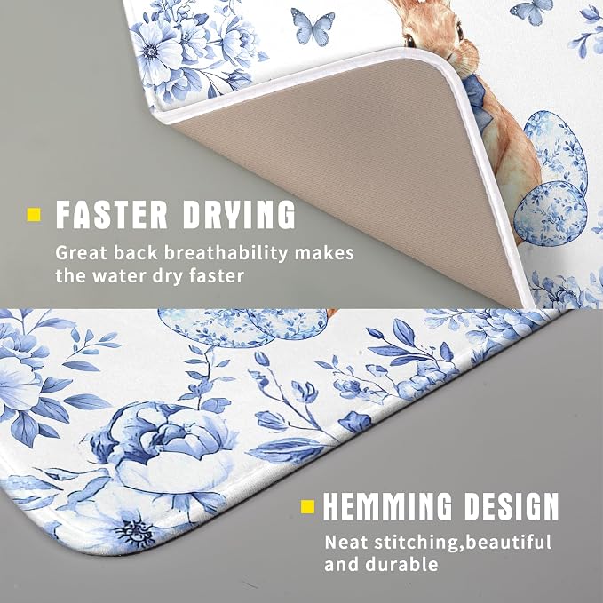 Vintage Microfiber Dish Drying Mat Blue Easter Floral Kitchen Drying Mats for Dishes 18 X 16