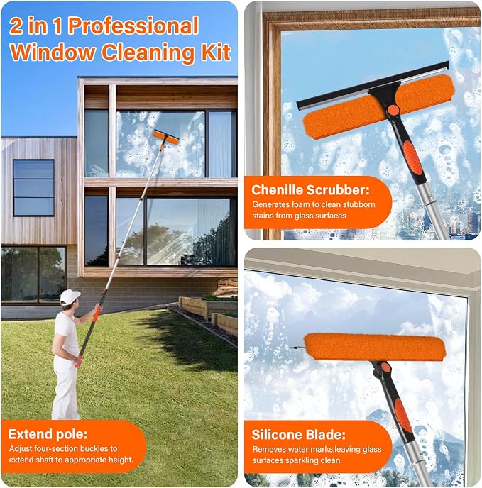 18FT High Window Cleaning Kit with Pole,Professional 2 in 1 Window Squeegee | 3-12FT Window Clean Pole Kit,2 Squeegee & 2 Microfibre Cloths,180°Rotatable Squeegee for Indoor/Outdoor High Windows