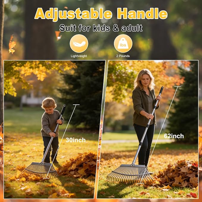 18-Inch Wide Heavy Duty Adjustable Yard Leaf Rake with 62-Inch Long Handle | Large Metal Leaf Rake, Rastrillo para Jardin for Lawn Yard Grass, Flower Beds, Outdoor Use