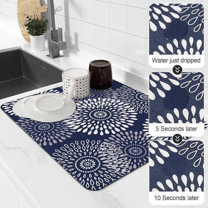 LuxStep Dish Drying Mat Super Absorbent Kitchen Counter Mat Rubber Backing Draining Mat Easy to Clean Kitchen Accessories Dish Rack Pad for Dishes, Utensils, Countertops, Sinks 15" x 18" Blue