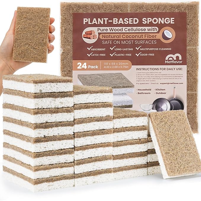 Metflavor Kitchen Sponges, 24 Count, Natural Non-Scratch Cellulose Sponge with Coconut Scrubber for Dishes, Biodegradable & Compostable, Non Toxic Cleaning Sponges for Kitchen, Bathroom, Household
