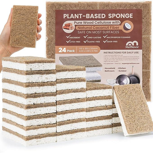 Metflavor Kitchen Sponges, 24 Count, Natural Non-Scratch Cellulose Sponge with Coconut Scrubber for Dishes, Biodegradable & Compostable, Non Toxic Cleaning Sponges for Kitchen, Bathroom, Household
