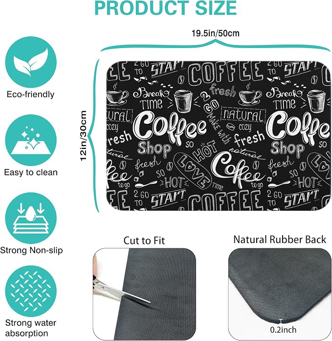 Super Absorbent Anti-Slip Silicone Dish Drying Mats for Kitchen Counter - Draining Pad Decor Gift - Fit Coffee Maker, Espresso Machine - 19inx12in