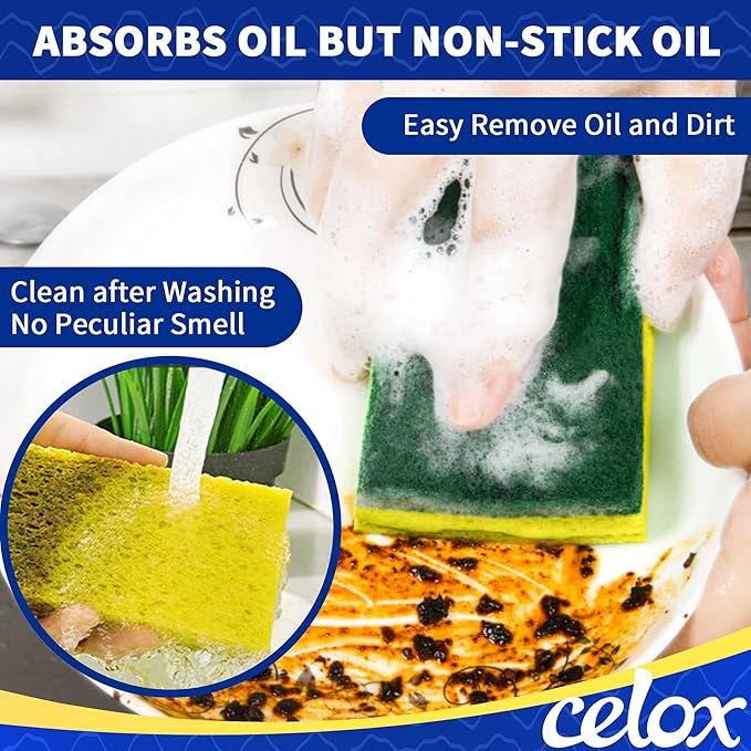 CELOX Sponges Kitchen Sponges for Dishes and Cleaning, 2-Sided Scrub Sponges Dish Sponge and Kitchen Sponge for Washing Dishes, Heavy Duty, Non-Scratch, Sinks, Household Use, Green and Yellow, 12-Pack