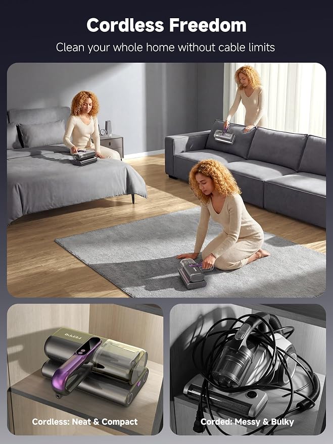 FEPPO Cordless Mattress Vacuum Cleaner, 18Kpa Bed Vacuum with 253.7nm UV-C Light, Ultrasonic, Dust Sensor & LED Display, 52800 BPM Handheld Vacuums for Bed, Sofa, Couch, Crib