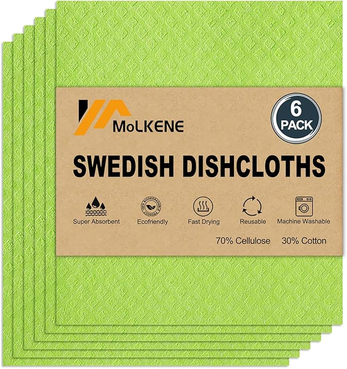 MoLKENE Swedish Dishcloths for Kitchen | 6 Pack Absorbent Cellulose Sponge Cloths Washable | Non-Scratch Reusable Paper Towels Quick Drying Cleaning Cloths - Lime Green