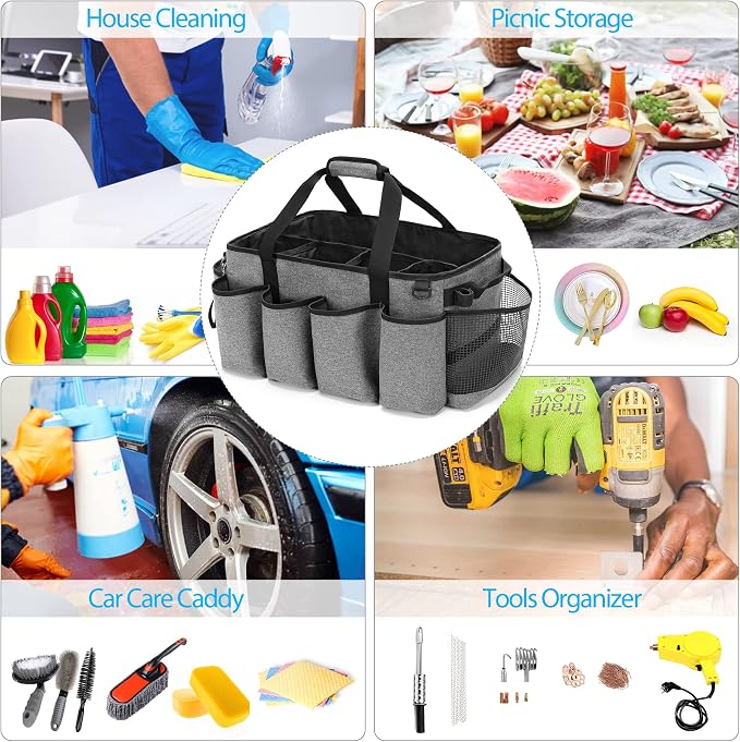 HODRANT Extra-Large Cleaning Caddy with Handles & Multi Pockets | Large Capacity Tote Bag for Cleaning Tools & Products Storage, Cleaner Organizer for Car, Home & Housekeeping Work, Gray
