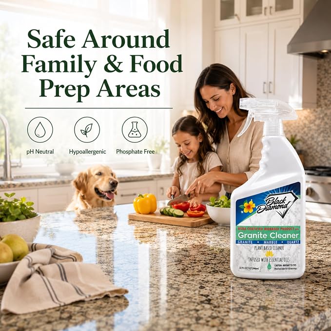 Black Diamond Stoneworks Granite Counter Cleaner: USDA Certified BIOBASED- Safe for Granite and other stone countertops. Safe for food contact formula to keep your countertops looking fresh and clean!