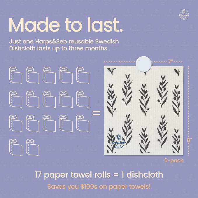 Harps&Seb Swedish Dishcloths for Kitchen Dishcloths - 6 Pack, Reusable Paper Towels with Clips, Super Absorbent Washable Non-Scratch Swedish Dish Towels, No Odor, Biodegradable