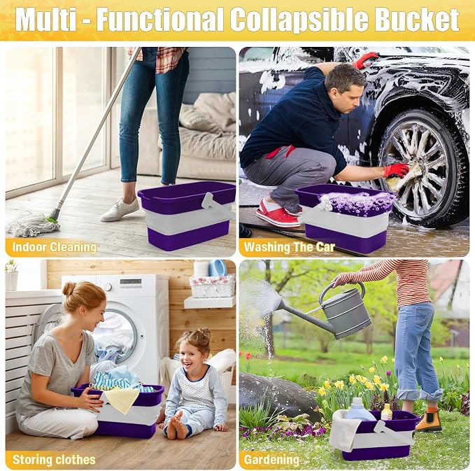 Collapsible Bucket with Handle for Mop Windows Cleaning,3 Gallon | Silicone Square Wash Bucket for Car Washing | Cleaning Supplies Organizer Plastic Water Bucket for Storage