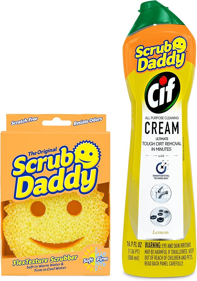 Scrub Daddy Sponges & Cif All Purpose Cleaner, Lemon - Non Scratch Sponges for Kitchen + Bathroom - Scrubber and Multipurpose Cleaner Cream - Cleaning Supplies Kit