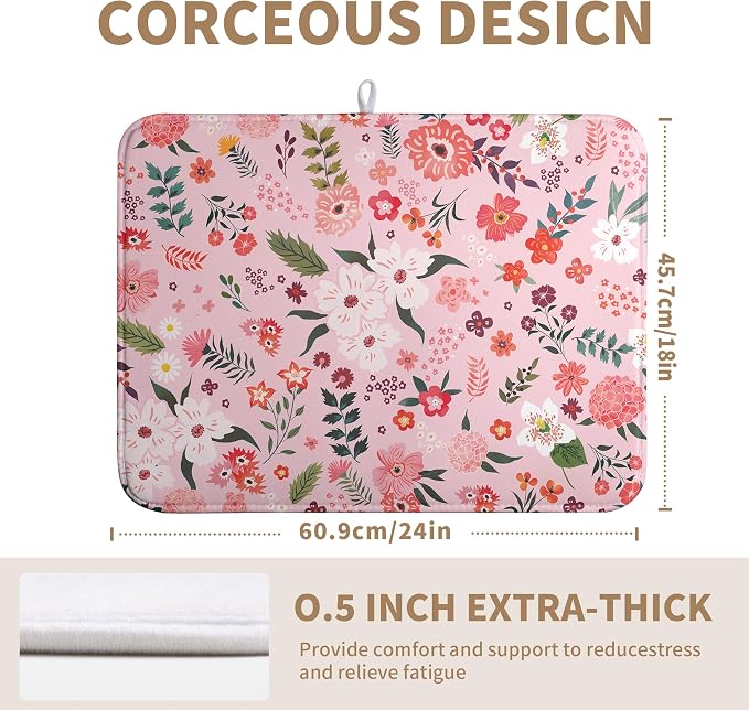 Pink Floral Dish Drying Mat for Kitchen Counter Cute Flower Print Dish Rack Mats Absorbent Microfiber Dish Draining Mat Reusable Washable Large Drainer Pad 18x24 Inch