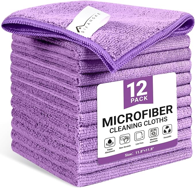 SIFANGKE Microfiber Cleaning Cloth, 12 Pack Purple Cleaning Rags for Housekeeping, Reusable Microfiber Towels for Car, Kitchen, Bathroom and Household Cleaning Supplies, 11.8"X11.8"