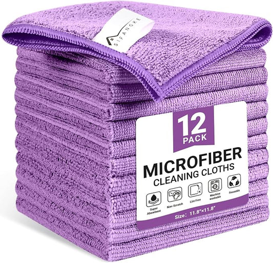 SIFANGKE Microfiber Cleaning Cloth, 12 Pack Purple Cleaning Rags for Housekeeping, Reusable Microfiber Towels for Car, Kitchen, Bathroom and Household Cleaning Supplies, 11.8"X11.8"
