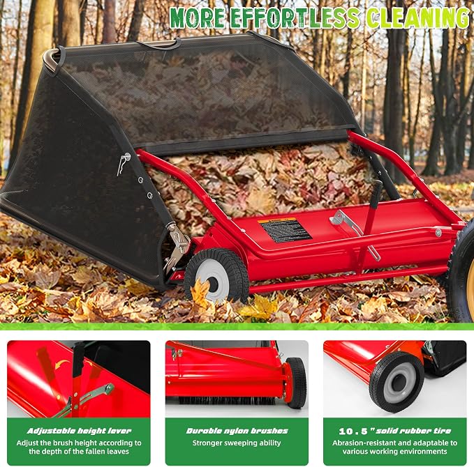 48" Lawn Sweeper Tow Behind - Pull Behind Grass Sweeper with 25.16 cu. ft Large Hopper, Heavy Duty Leaf & Grass Collector, Adjustable Brush Height Lever and Dumping Rope, Lawn and Yard Cleanup Tool