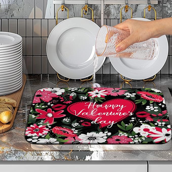 Heart Dish Drying Mat - 16x18 Inch Absorbent Dish Drainer Rack Mat - White Red Rose Floral Drying Pad - Valentine's Day Kitchen Accessories