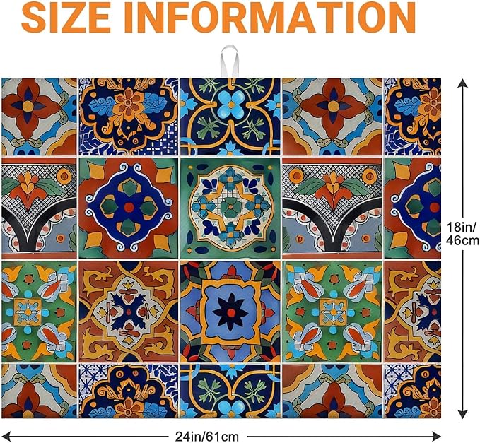 Talavera Mexican Tiles Dish Drying Mat For Kitchen Counter, Super Absorbent Microfiber Dish Drying Pad, Kitchen Gadgets For Easy Clean Multi-Use Large 18"x24"