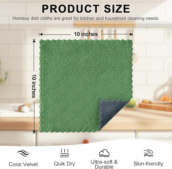 Homaxy 12 Pack Kitchen Cloths Dish Towels (10" x 10", Dark Grey & Grass Green), Super Soft and Absorbent Dish Cloths, Coral Velvet Microfiber Cleaning Cloth, Nonstick Oil Fast Dry Dishcloths