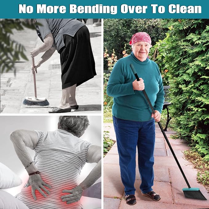 JEHONN Broom with Dustpan Combo Set, Long Handle Lightweight Indoor Broom Set, Upright Standing Dust Pan with Comb Teeth Store Sweep Set for Home Room Kitchen Office Lobby (Grey-Green)