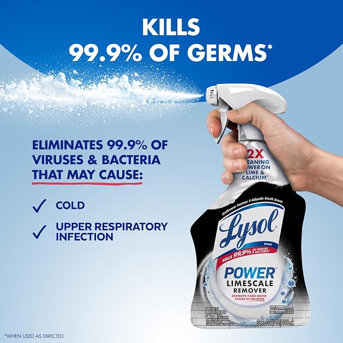 Lysol Power Limescale Remover Bathroom Cleaner Spray, Hard Water Stain Remover, Disinfecting Multipurpose Cleaner for Shower & Bathtub, Tough on Lime & Calcium, 0% Bleach, Atlantic Fresh Scent, 32oz