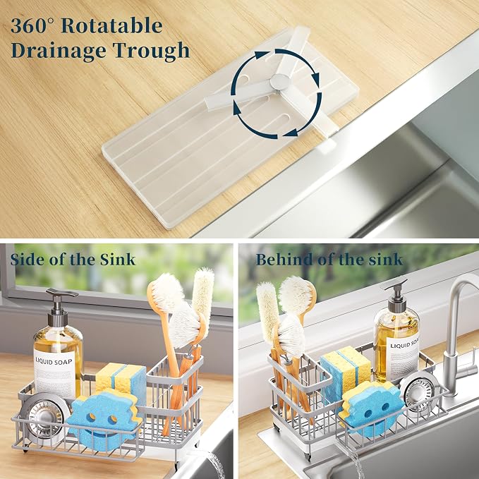 Consumest Sponge Holder for Kitchen Sink - Auto Draining Sink Caddy Organizer with Detachable Rack, High Brush Holder, Kitchen Countertop Storage Accessories, Grey