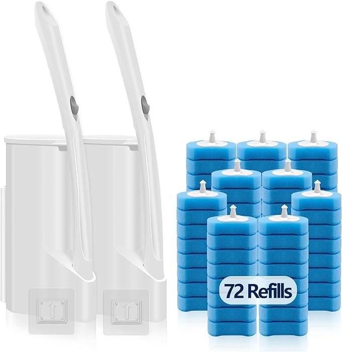 2 Pack Disposable Toilet Bowl Cleaner Wand and Holder Kit with 72 Refills | Toilet Cleaning System-2*16.81" ABS Handle Holder, 72 Replacement Heads for House, Apartment, RV Bathroom Cleaning