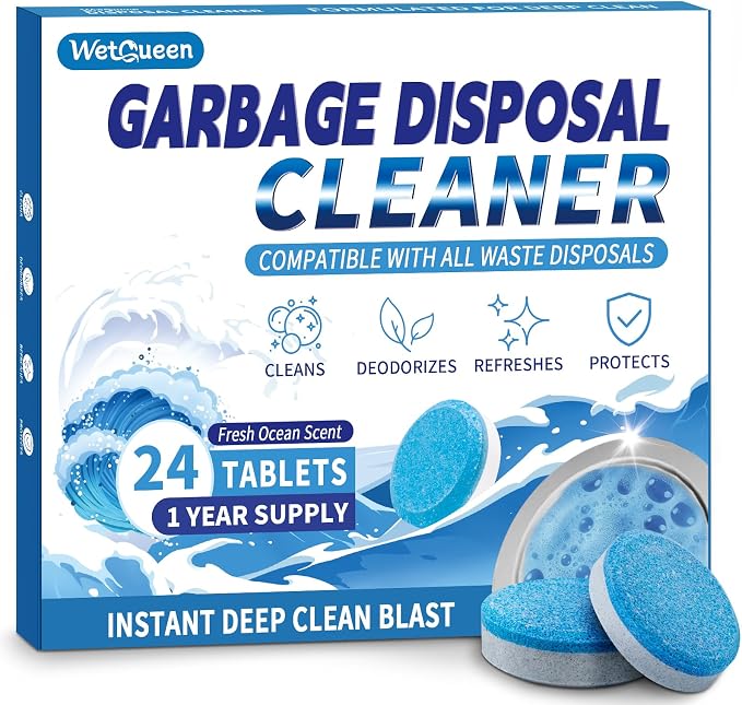 Wetqueen Garbage Disposal Cleaner and Deodorizer Tablets - 24 Pack, Fresh Ocean Scent, Powerful XL Foaming Drain Odor Eliminator, Sink & Garburator Freshener, Deep Cleaning, Septic Safe, 1 Year Supply
