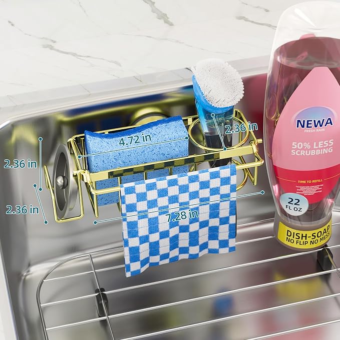 TAILI 4-in-1 Sink Caddy with Strong Suction Cup, Sponge Holder for Kitchen Sink Organizer, Removable, Rustproof, Stainless Steel Holder for Sponge, Brush, Scrubber, Scraper - Gold