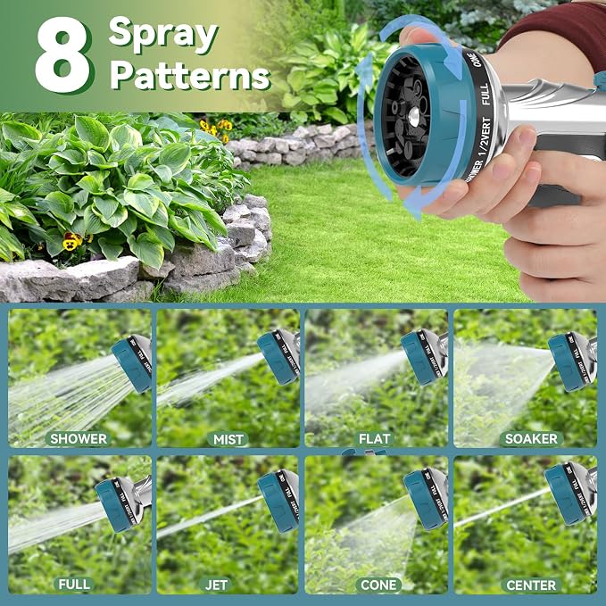 Garden Hose Nozzle, Heavy Duty Metal Water Hose Nozzle with 8 Adjustable Spray Patterns, High Pressure Hand Sprayer with Flow Control for for Garden Watering, Car & Pet Washing